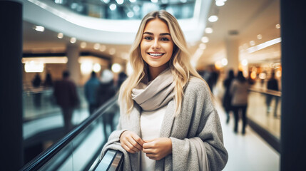 Woman smiling with shopping at the mall - obrazy, fototapety, plakaty