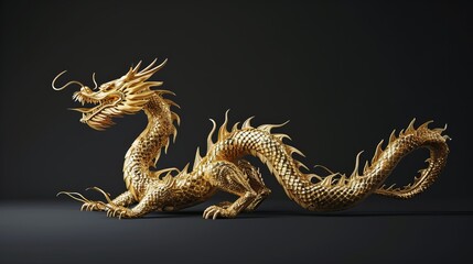Obraz premium Majestic Golden Dragon, Intricate Details on Black Background, Generative AI