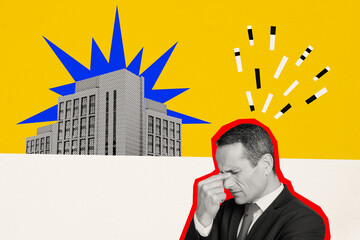 Collage picture of unsatisfied black white colors elegant man headache contemplate city building...