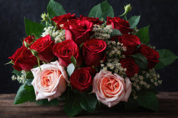 A Detailed photo beautiful flowers bouquet red roses herbal in dark background