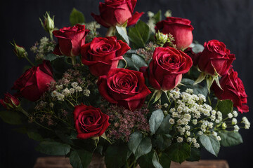 A Detailed photo beautiful flowers bouquet red roses herbal in dark background