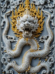 Fototapeta na wymiar Traditional Thai Dragon Carving, Luxurious Wall Accent, Generative AI
