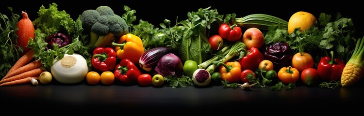 rows of fresh vegetables in the photo on a black background. generative AI - obrazy, fototapety, plakaty