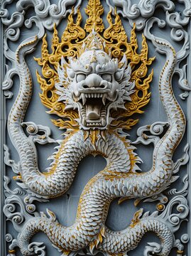 Traditional Thai Dragon Carving, Luxurious Wall Accent, Generative AI
