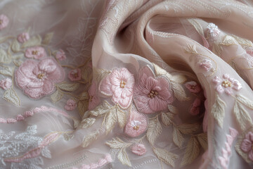 close up of a fabric with embroidered pink flowers