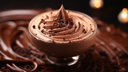 A high-resolution image of a rich and creamy semisweet chocolate mousse, elegantly garnished with delicate chocolate shavings. - obrazy, fototapety, plakaty