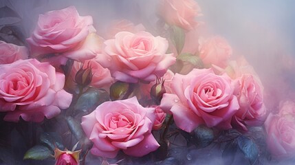 Pink roses wrapped in the morning dew and fog.