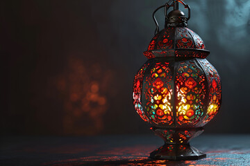 arabic lantern of ramadan celebration background, islamic golden lantern on dark background, eid mubarak, Eid al Adha, glowing light in the evening. Wallpaper and banner background, Generative AI