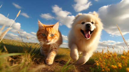 Dogs and cat run in the grass with blue sky - Powered by Adobe
