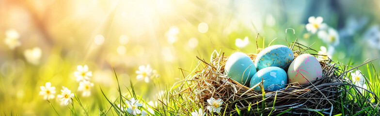 Fototapeta na wymiar Buntes Osternest mit Eiern im Gras an einem sonnigen Frühlingstag - Osterdekoration, Banner, Panorama, Hintergrund