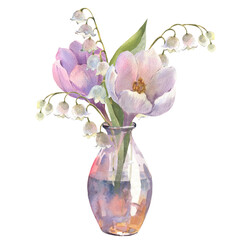 Watercolor illustration. Crocuses and lilies of the valley. Bouquet in a glass vase. spring flowers. Design for printing postcards, invitations to weddings, birthdays, spring holidays, Easter