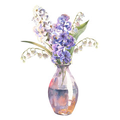 Watercolor illustration. Spring flowers hyacinth and lilies of the valley. Bouquet in a glass vase. Design for printing postcards, invitations to weddings, birthdays, spring holidays, Easter