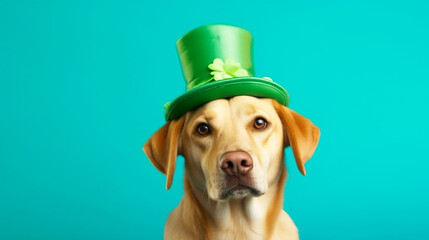 Cute dog wearing  green hat on blue background for St. Patrick's day