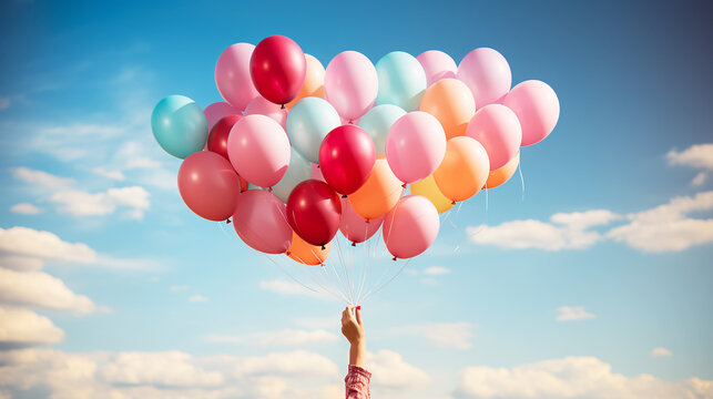 Woman releasing balloons with blue sky