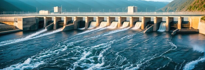 View of the hydroelectric dam on the river, generative ai.