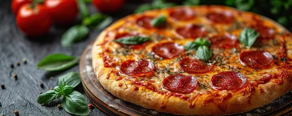 Poster Delicious pepperoni pizza on a dark background, sausage pizza, italian pepperoni pizza in pizzeria © Vasiliy