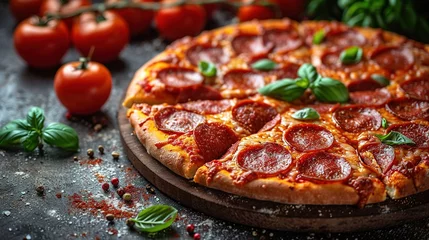 Plexiglas foto achterwand Delicious pepperoni pizza on a dark background, sausage pizza, italian pepperoni pizza in pizzeria © Vasiliy