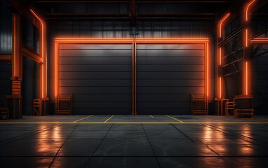 A room with black walls decorated with orange lines shining brightly next to them. generative AI