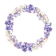 Delicate watercolor round flower wreath, flower hyacinth. Spring invitation card. Design for printing postcards, invitations to weddings, birthdays, spring and summer holidays, easter