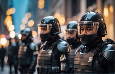 Group riot police with protective gear and shields standing on the streets