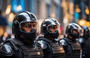 Group riot police with protective gear and shields standing on the streets