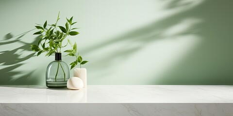 White marble counter table top with green tree branches and leaf shadows on a green wall, ideal for displaying cosmetic and skincare products.