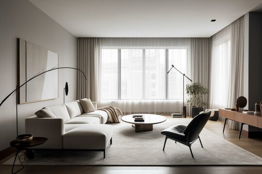 Minimalist apartment with unique architectural design, modern luxury furniture, indoor art, and designer vases. Generative AI