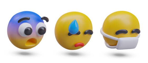 Obraz premium Emoticon with scary, upset, and sick reaction. Emoji with face in yellow and blue colors, feeling bad and crying, and face with mask. Vector illustration in 3d style