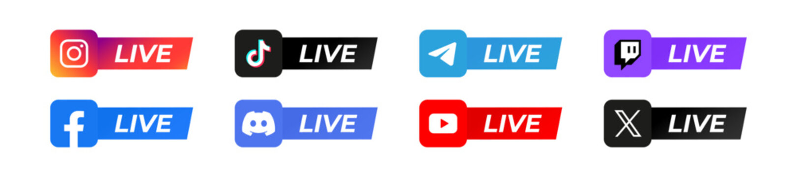 Live stream by Instagram, Facebook, Youtube, TikTok, Twitch, Twitter X, Discord, Telegram. Social media logotype and streaming platform. Editorial vector.