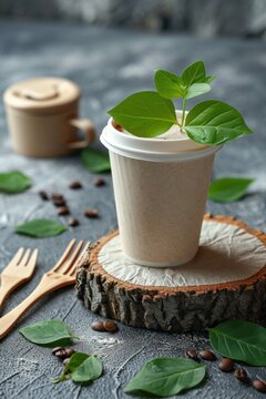 Coffee cup with green leaves on wooden stand, closeup