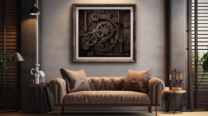 3D render of a poster frame in a steampunk-themed living room with industrial accents - obrazy, fototapety, plakaty