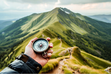 Hand holding a compass with a beautiful mountain landscape in the background, reflecting a sense of adventure and navigation.