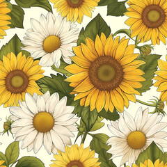 sunflowers on white background, Sunflowers and Daisies Seamless Pattern, Floral Pattern, Summer Pattern