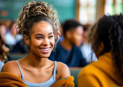 Young cheerful woman smiling in an indoor social setting, portraying confidence and happiness with a relaxed demeanor.