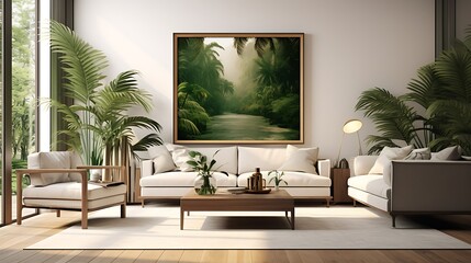 3D render of a poster frame in a utopian living room with advanced technology and lush green surroundings