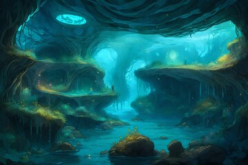 Wavy underwater caverns with bioluminescent creatures
