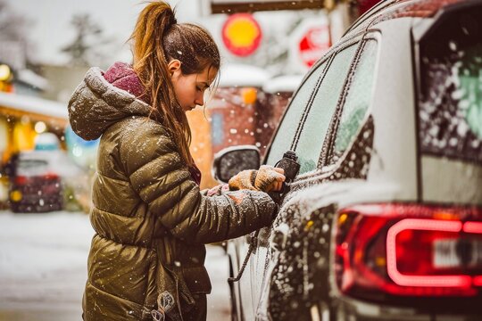 A woman in winter clothing washing her car on a snowy city street, taking care of her vehicle.