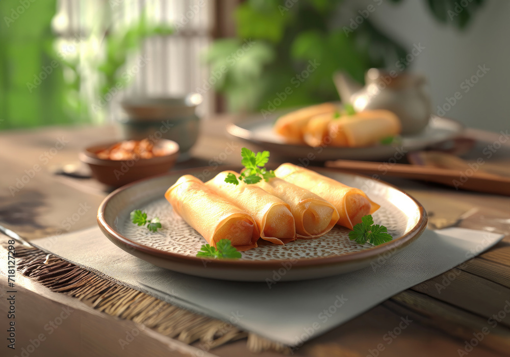 Wall mural Fried spring rolls with parsley on a plate, on top of a wooden table, in daylight - Wall murals