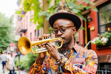 A stylish African American man playing the trumpet on a vibrant city street, showcasing musical talent and cultural expression.