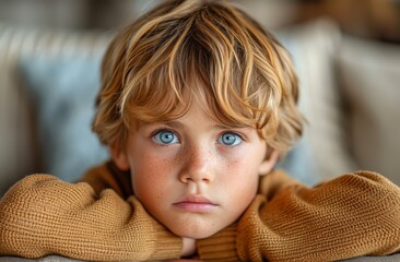 A young boy with piercing blue eyes and a warm brown sweater gazes into the camera, his soft skin and delicate features captured in a timeless portrait that radiates innocence and vulnerability