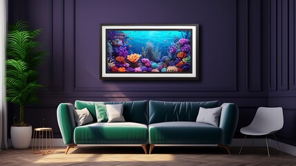 3D render of a poster frame in an underwater-themed living room with marine life decor