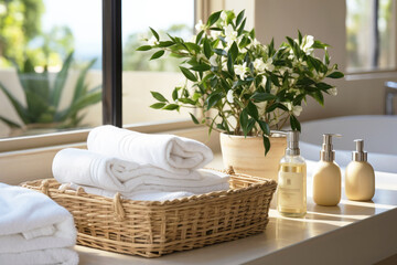Fototapeta na wymiar Wicker basket with white towels on the table in the bathroom. Spa, hotel, laundry, cleaning service.