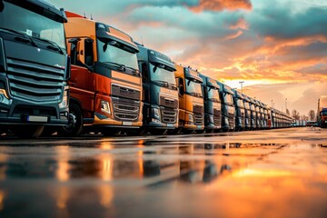 A lineup of commercial trucks on a road at sunset with vibrant sky reflections on a wet surface. - obrazy, fototapety, plakaty