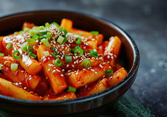 Closeup spicy rice cakes, tteokbokki bowl with green onions, isolated on a marble table