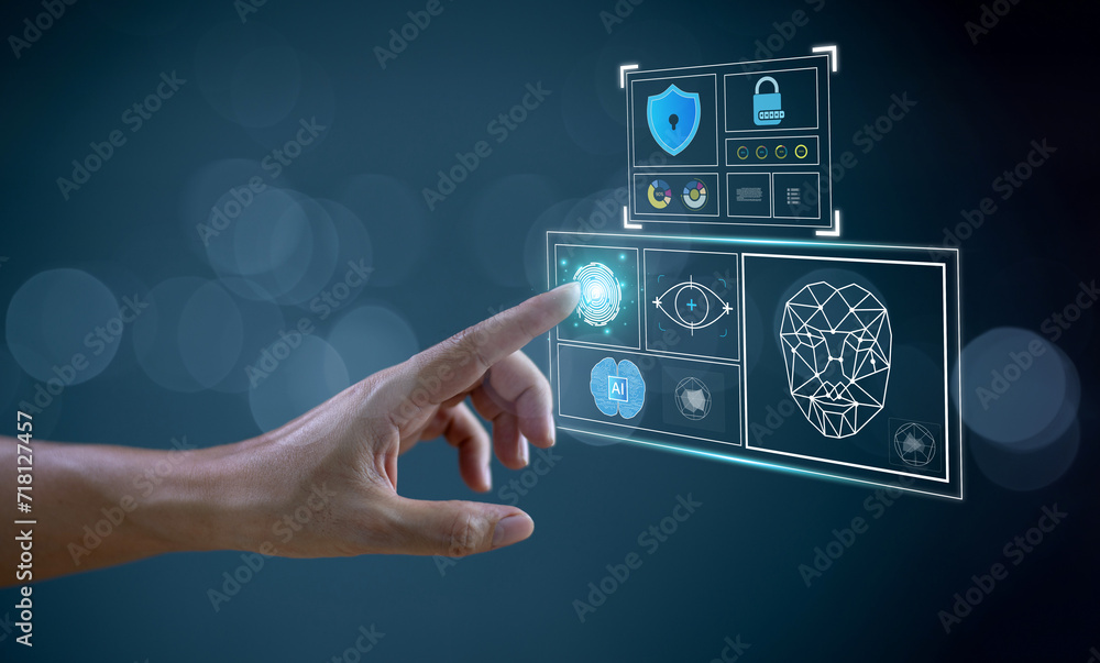 Poster hand touch scan digital biometric sensor. cybersecurity scanner technology concept. ai data analysis