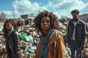Portrait of young African American woman looking at camera while standing among garbage in landfill