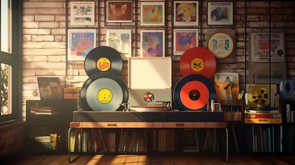 Photo sur Aluminium Magasin de musique 3D render of a retro poster frame in a vintage record store with vinyl records and music memorabilia