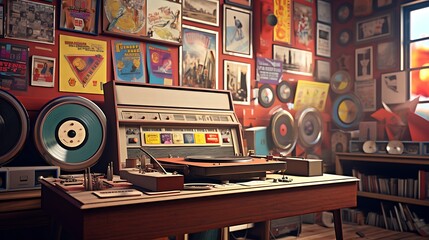 3D render of a retro poster frame in a vintage record store with vinyl records and music memorabilia