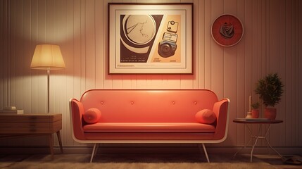 3D render of a poster frame in a retro-futuristic living room with a vintage touch