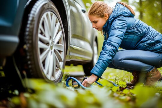 A young woman inflating her car tire with a manual pump on the side of the road, showcasing self-reliance and safety.